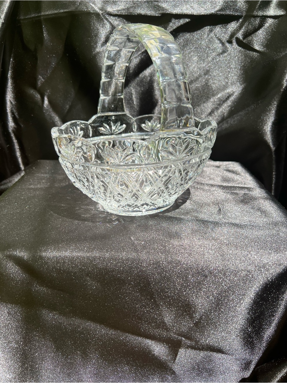 Lead Crystal Bohemian Glass Basket With Scalloped Edge And Wide Handle Vintage